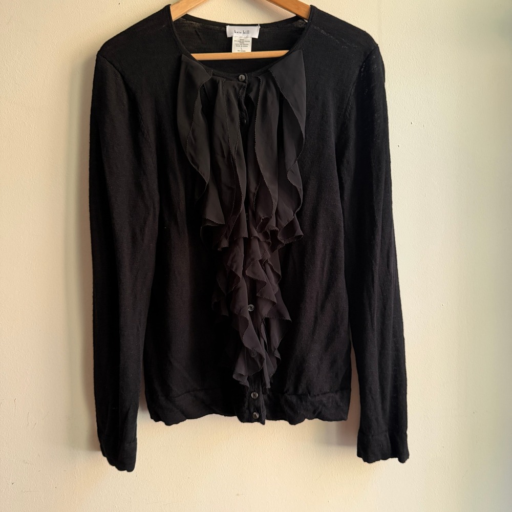 Kate‎ Hill Ruffle Front Cardigan Sweater Black Large